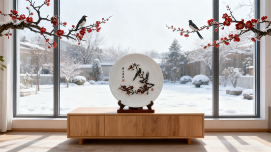 Magpie and Plum Blossom Branch on Porcelain Plate