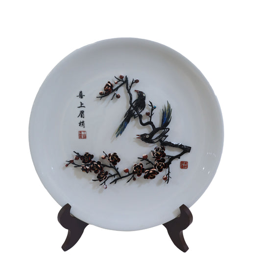 Magpie and Plum Blossom Branch on Porcelain Plate