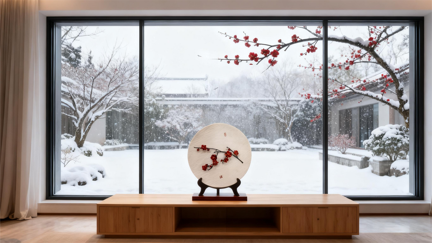 Plum Branch on White Porcelain Plate